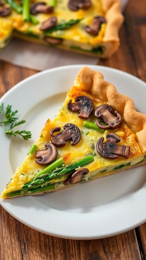 A slice of asparagus and mushroom quiche with a flaky crust, garnished with fresh herbs on a white plate.